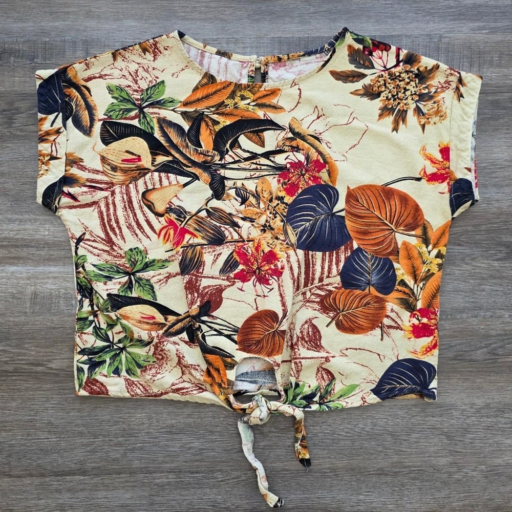 Tropical Print Tie-Front Crop Top Women Medium Orange Botanical Boho Blouse